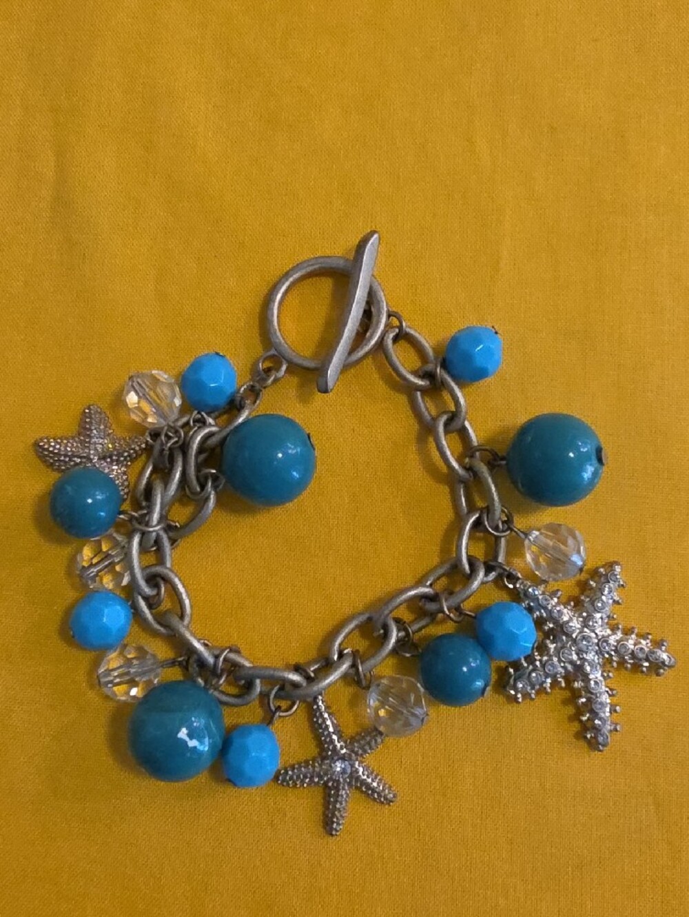 Vintage Turquoise Color Bead & Starfish Charm Bracelet - Fun Piece!
